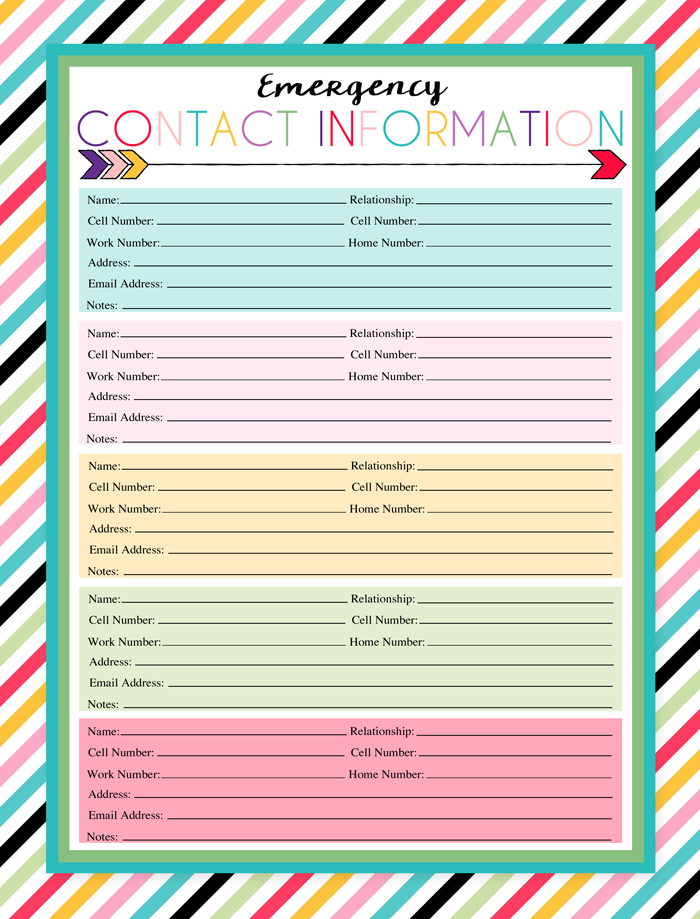 Free Printable Emergency Contact Sheet | i should be mopping the floor