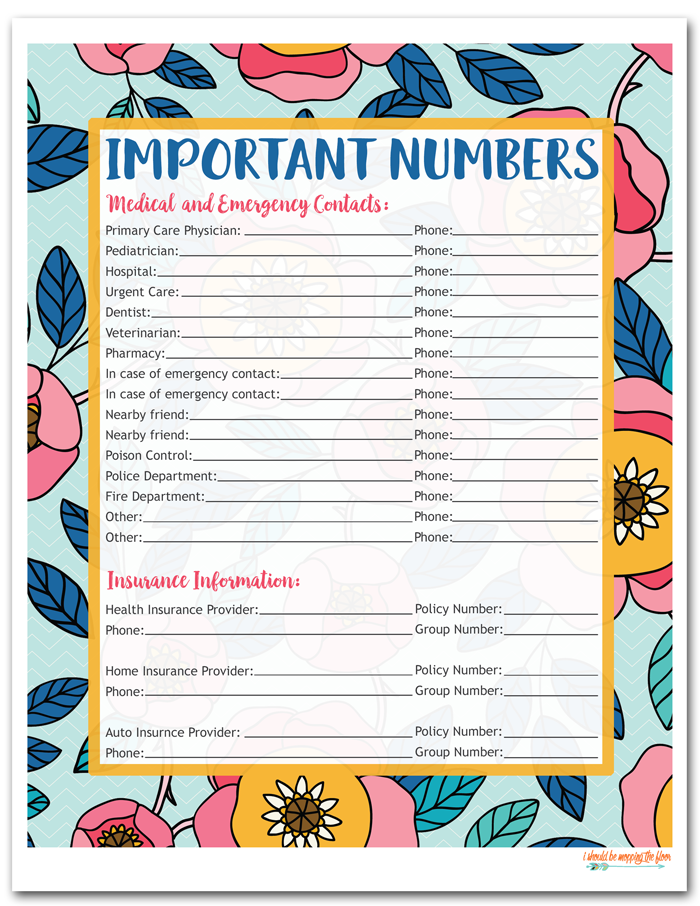 Free Important Contacts Printables | i should be mopping the floor
