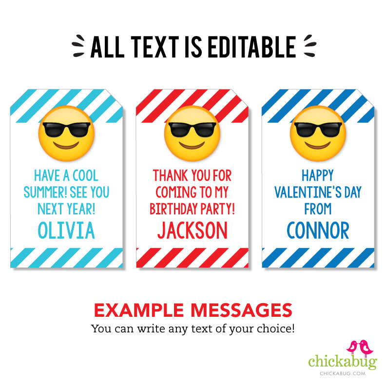 Sunglasses Emoji Favor Tags (EDITABLE INSTANT DOWNLOAD)