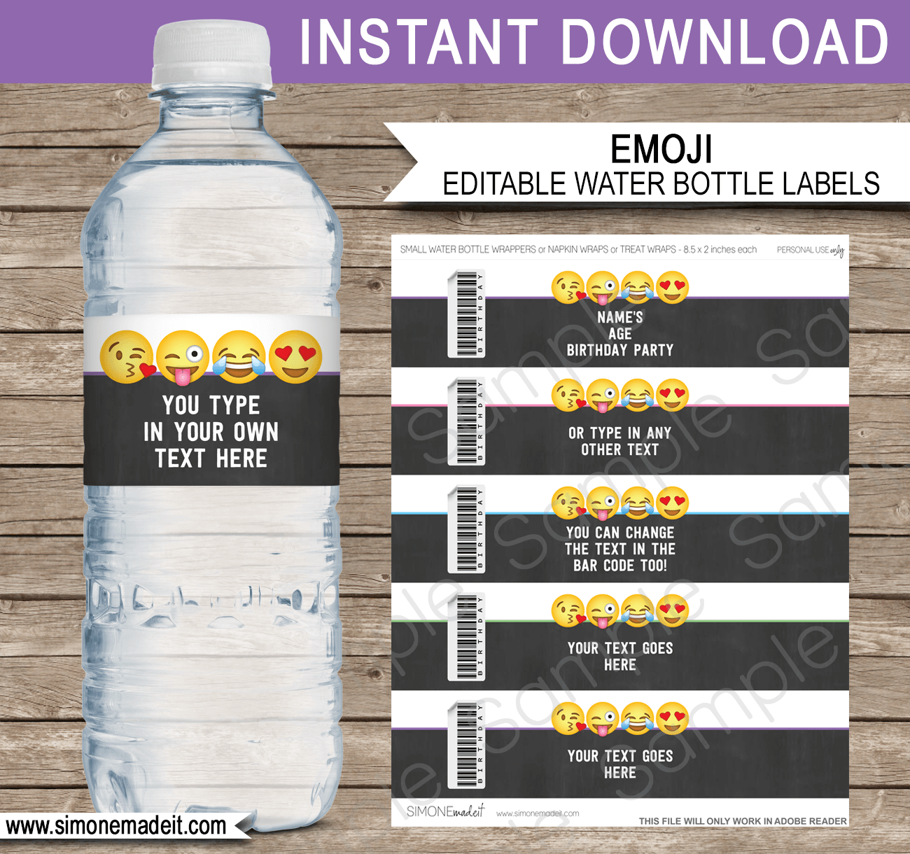 Emoji Party Water Bottle Labels template - girls