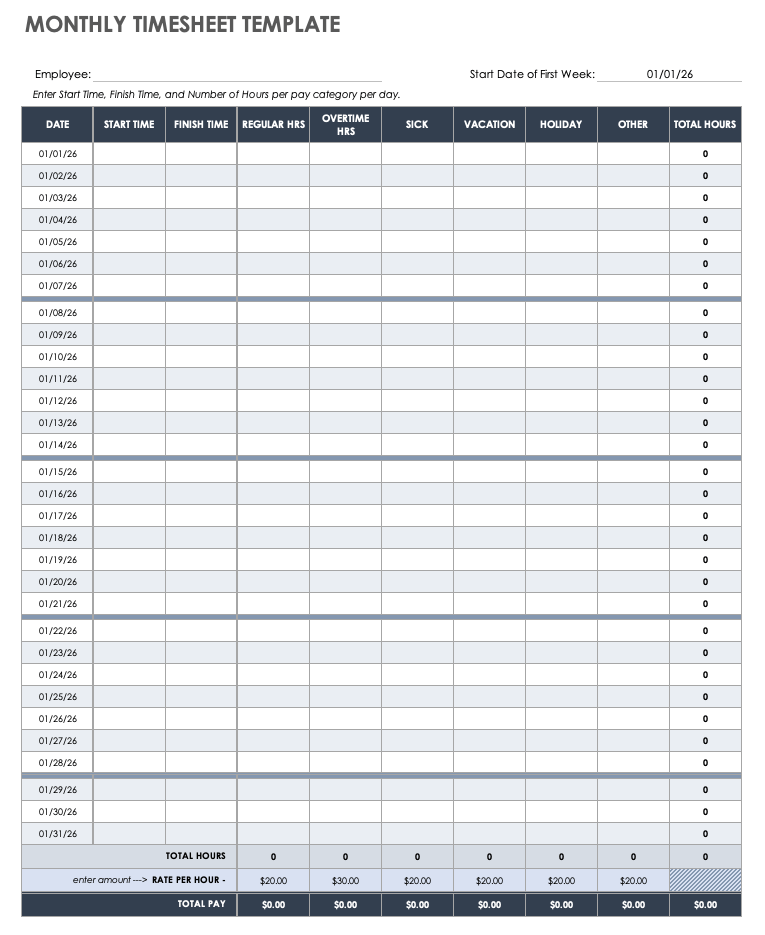 Free Monthly Timesheet &  Time Card Templates | Smartsheet