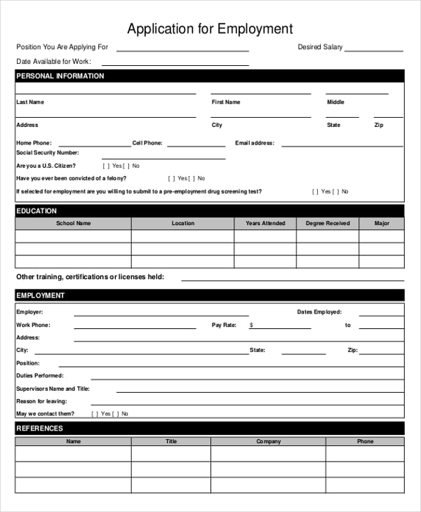 printable employment application in spanish