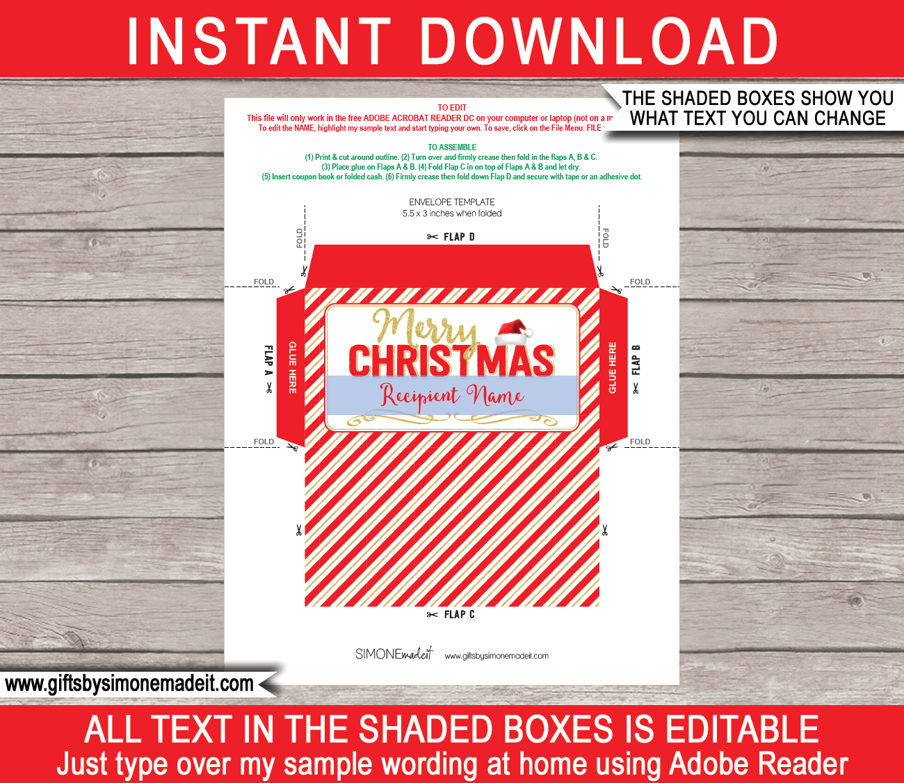 Small Christmas Envelope (Santa Hat) - red &  gold