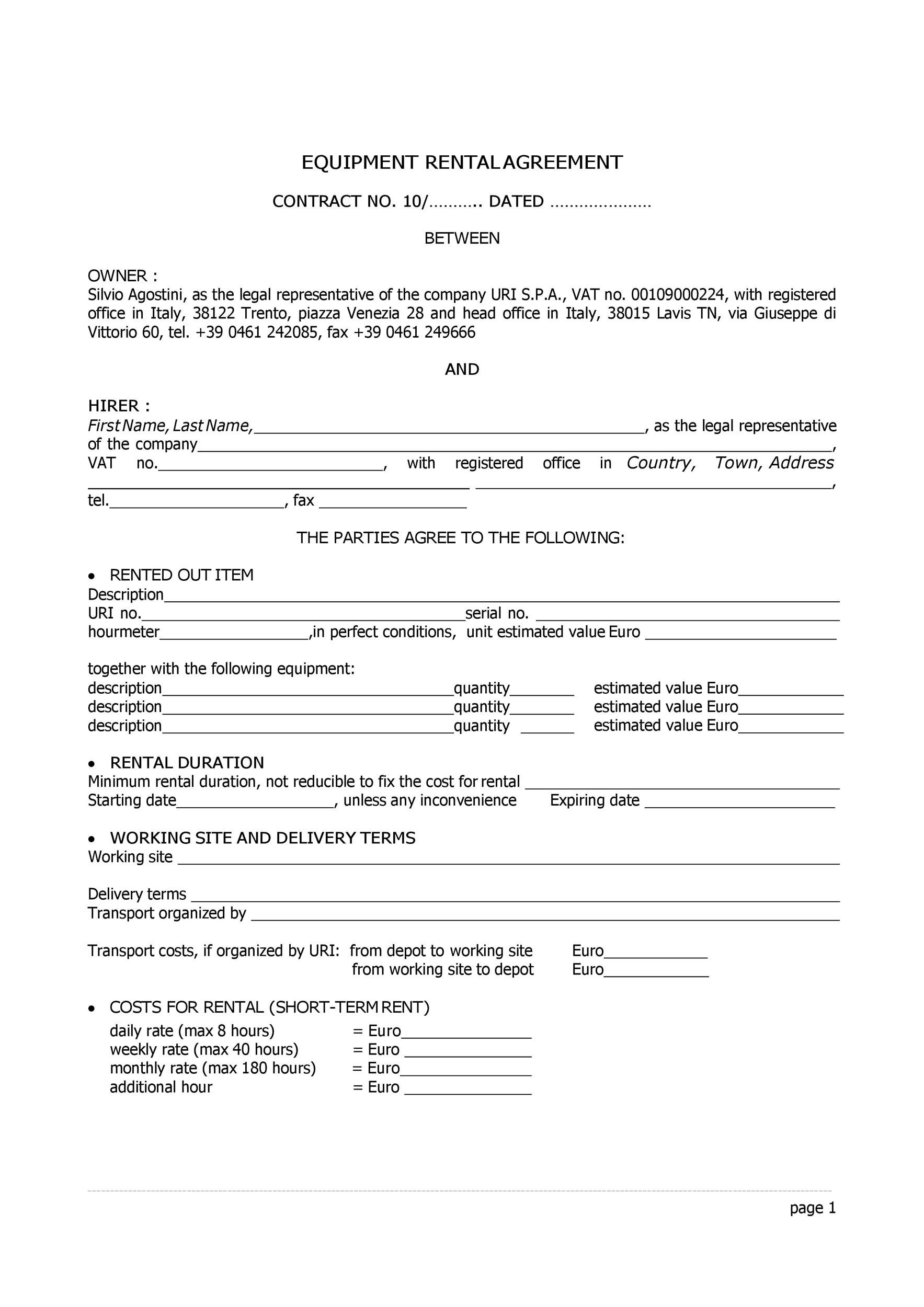 printable equipment rental agreement