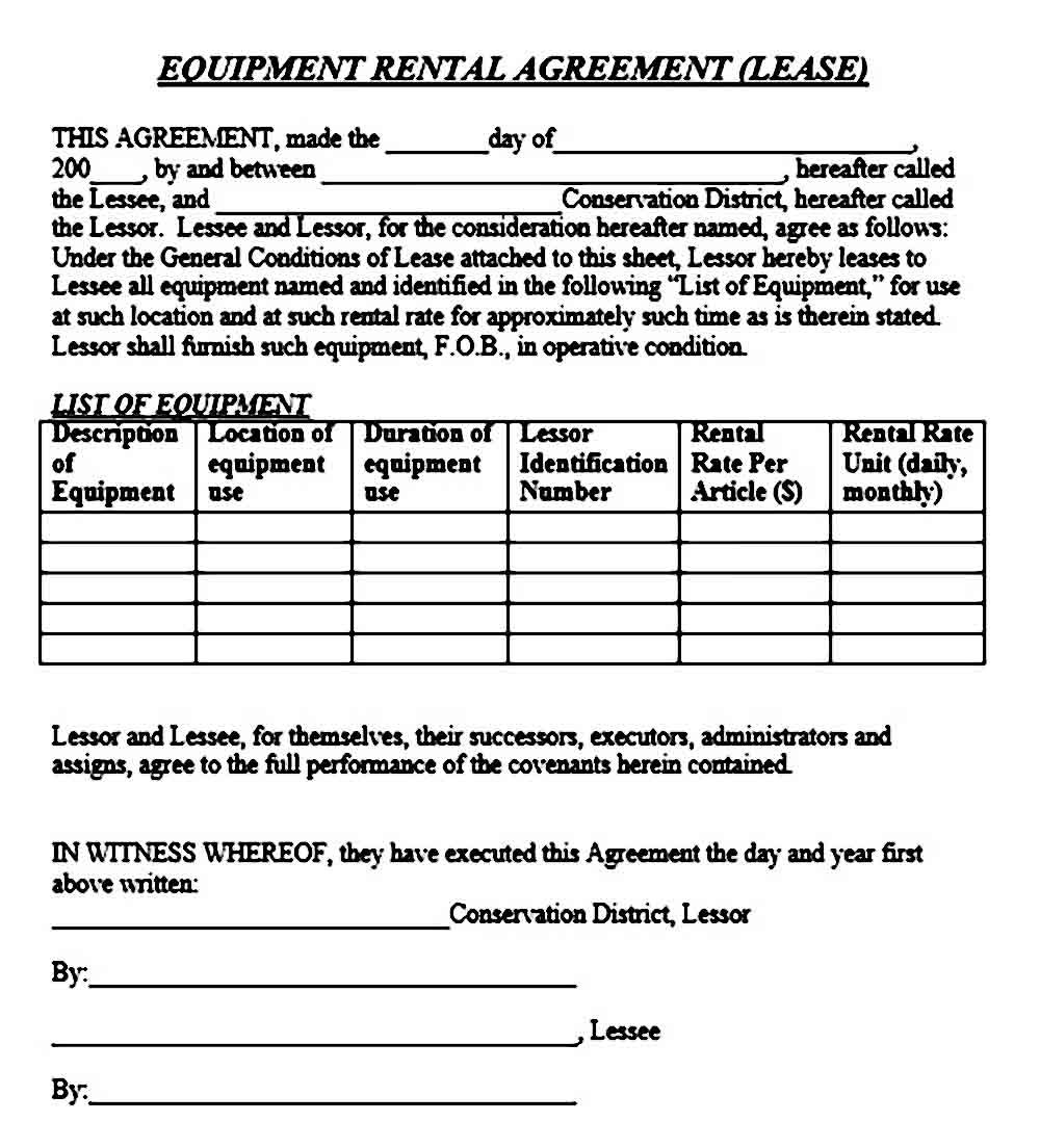printable equipment rental agreement