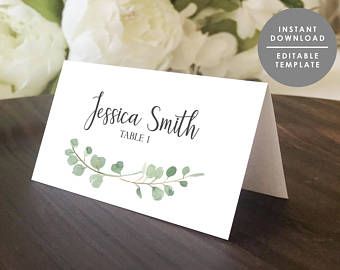 Eucalyptus Place Card Template With Meal Icons, Editable Wedding ...