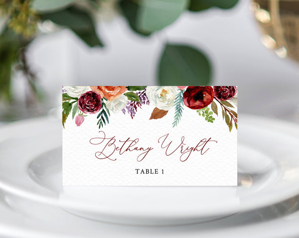 Boho Wedding Place Cards Template, Burgundy Floral Escort Card ...