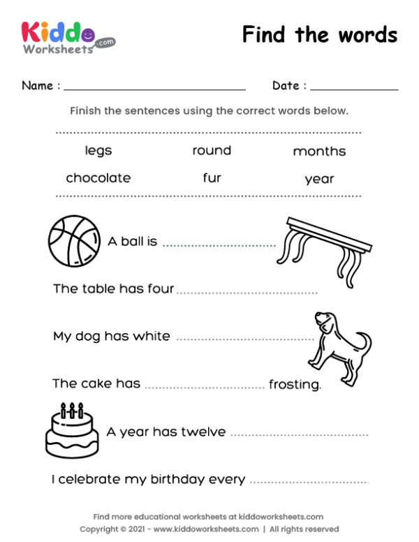 Free Printable Find the words Worksheet - kiddoworksheets
