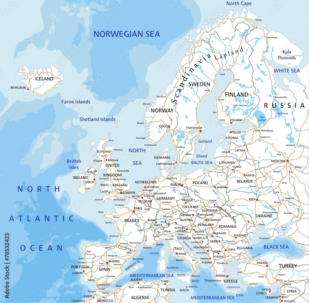 High detailed Europe road map with labeling. Stock-Vektorgrafik ...