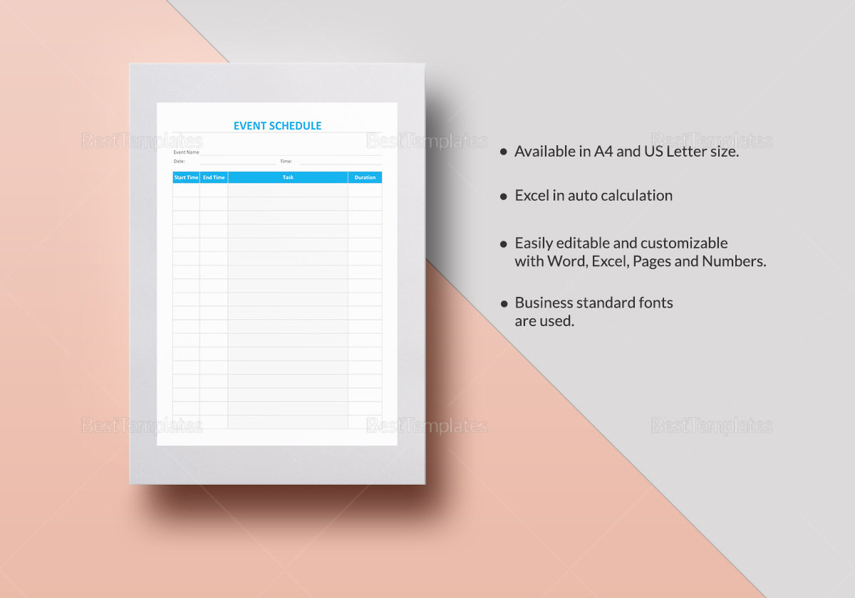 Event Schedule Template in Word, Excel, Apple Pages, Numbers