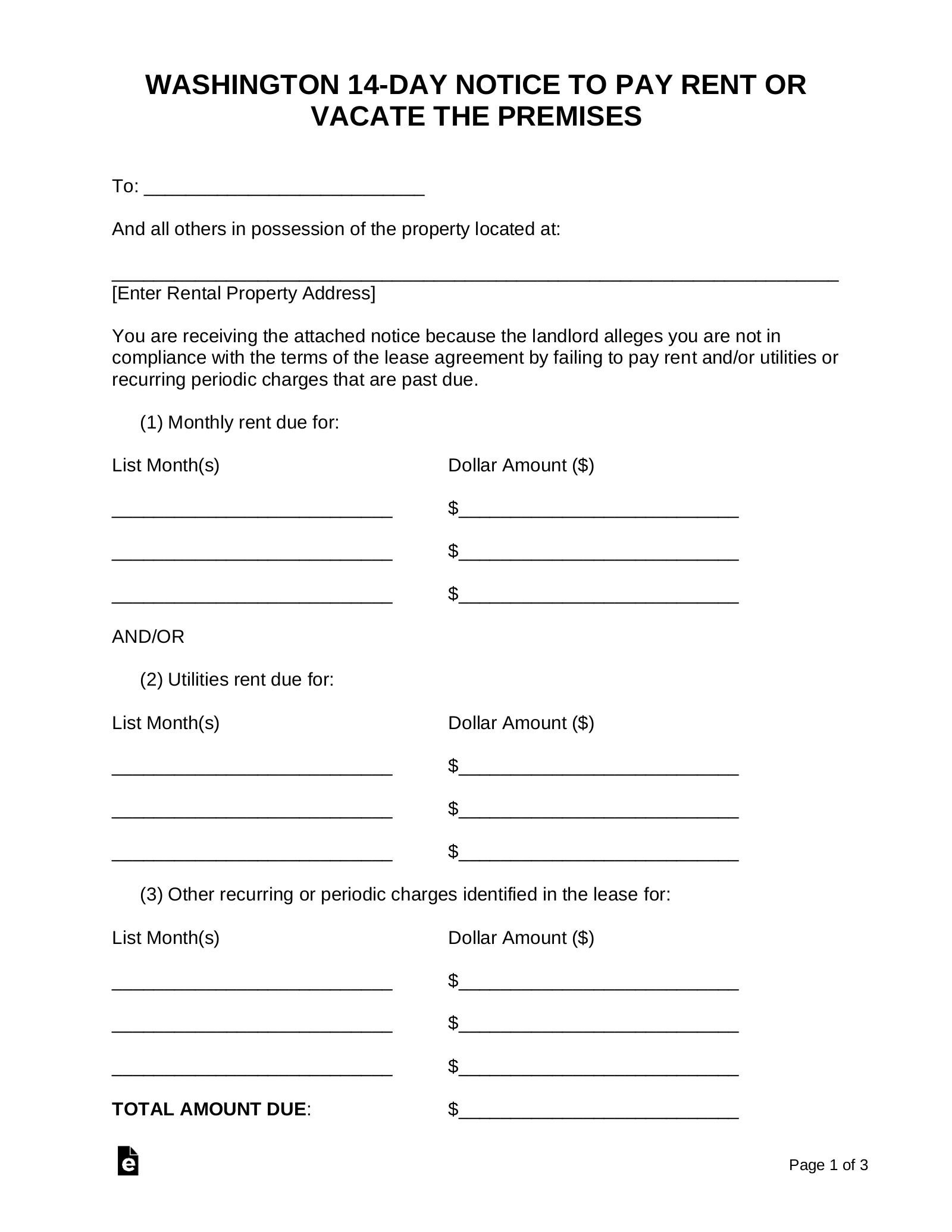 Free Washington 14-Day Notice to Quit Form | Non-Payment - PDF ...