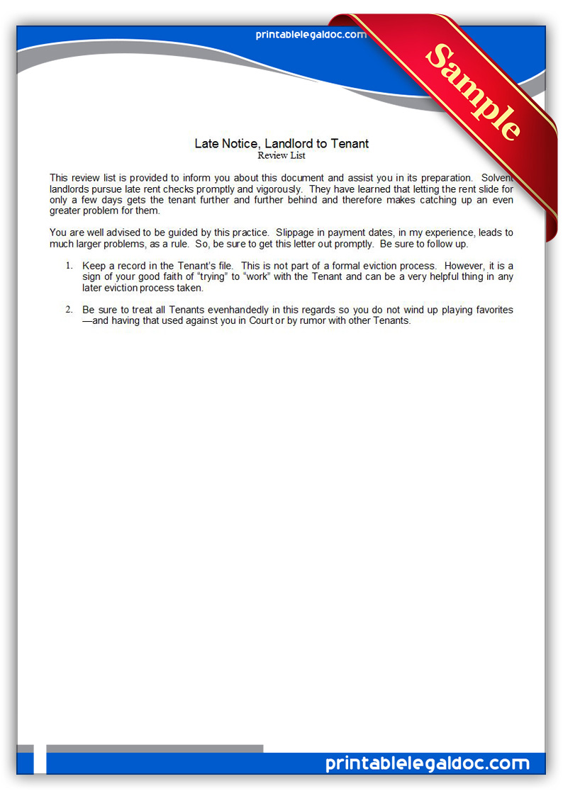 Free Printable Late Notice, Landlord To Tenant Form (GENERIC)