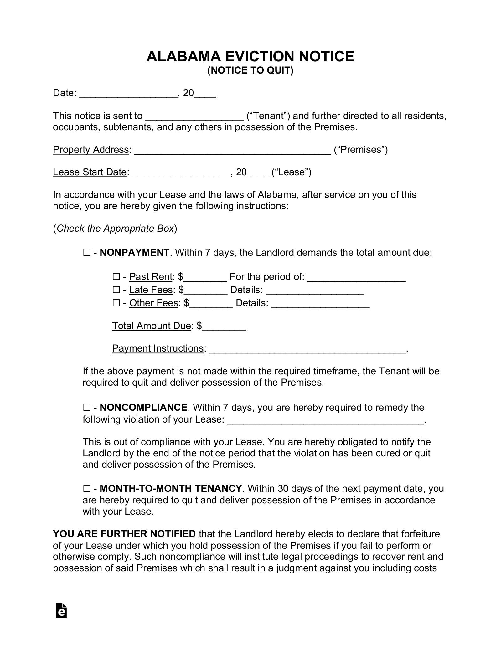 Free Alabama Eviction Notice Forms (3) - PDF | Word - eForms