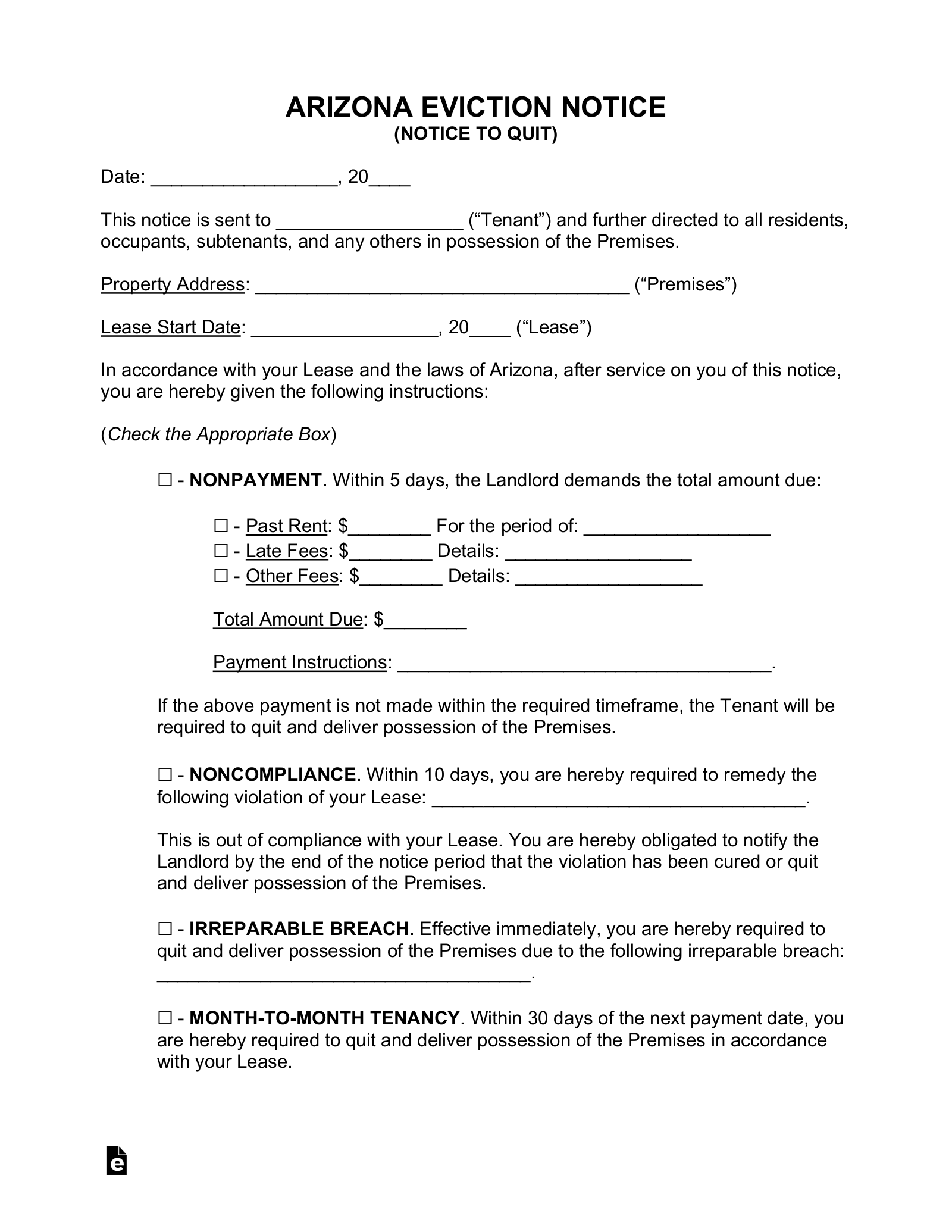 printable eviction notice arizona