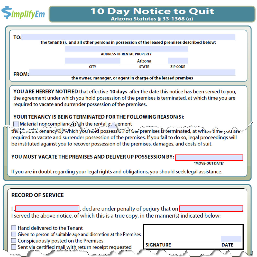 Arizona Notice to Quit | SimplifyEm.com