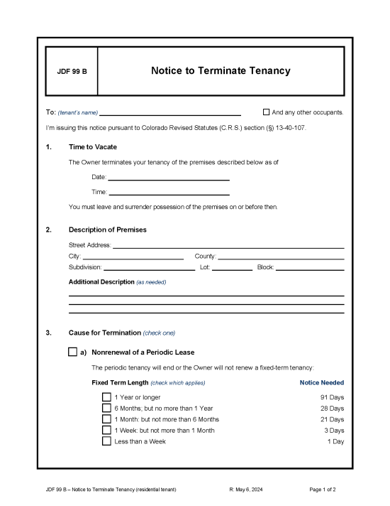 Free Colorado Notice to Terminate Tenancy (Form JDF 99 B) | PDF