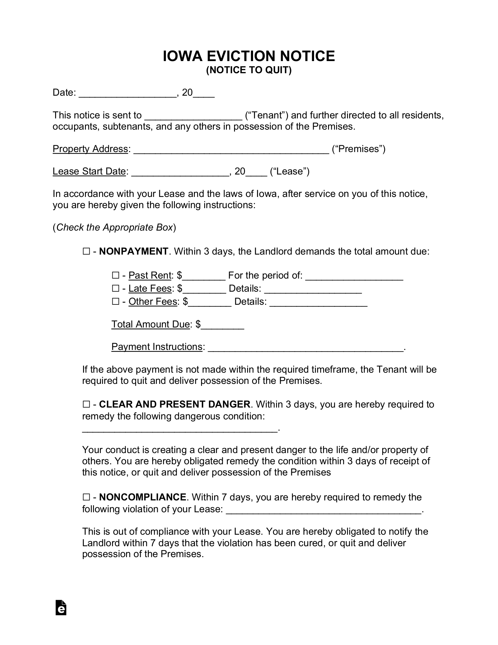 Free Iowa Eviction Notice Forms (4) - PDF | Word - eForms