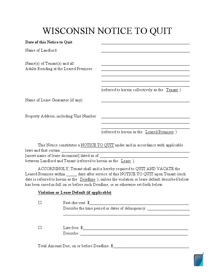 Free Wisconsin Eviction Notice Forms | WI Notice to Quit | FormsPal