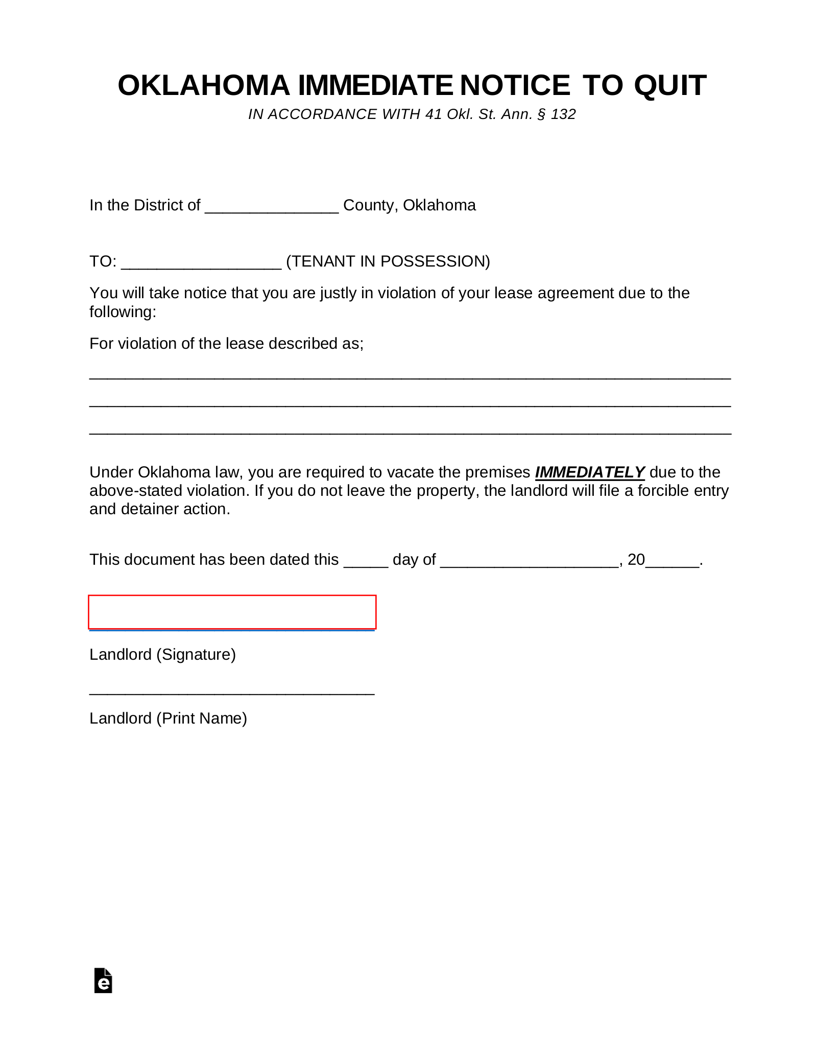 Free Oklahoma Immediate Notice to Quit Form - PDF | Word - eForms