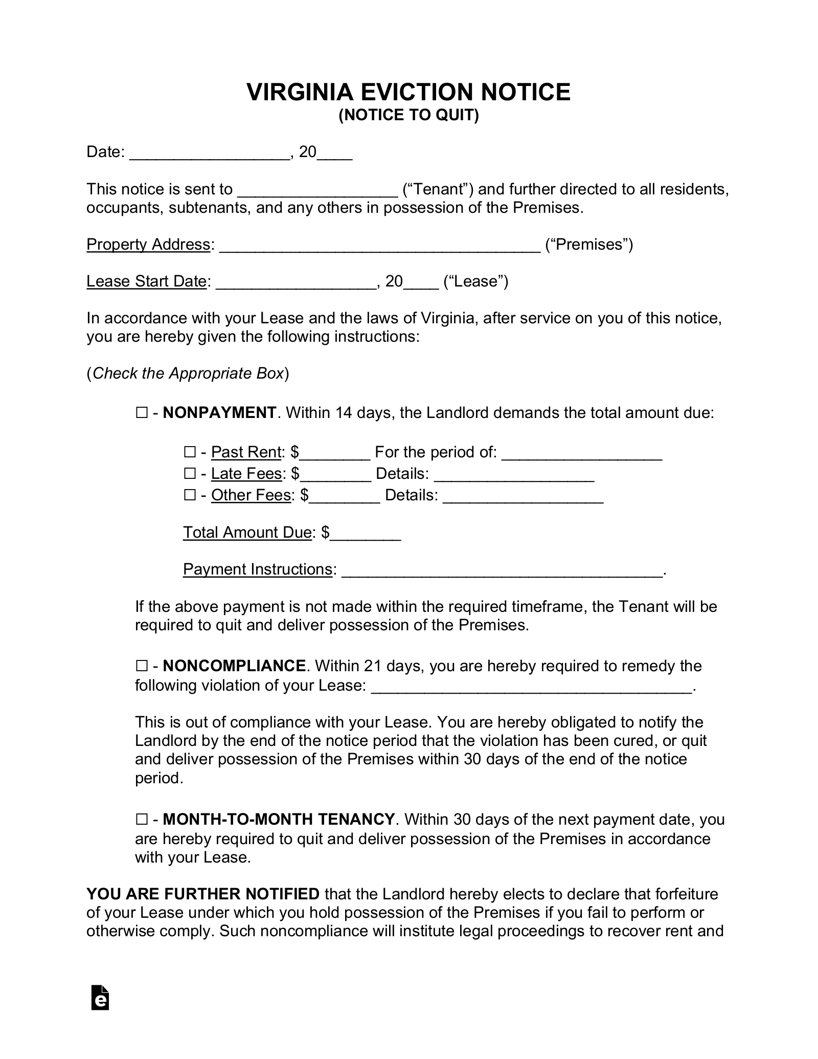 Free Virginia Eviction Notice Forms (3) - PDF | Word - eForms