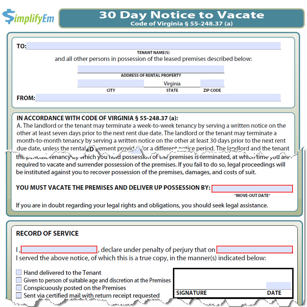 Virginia Notice to Vacate | SimplifyEm.com