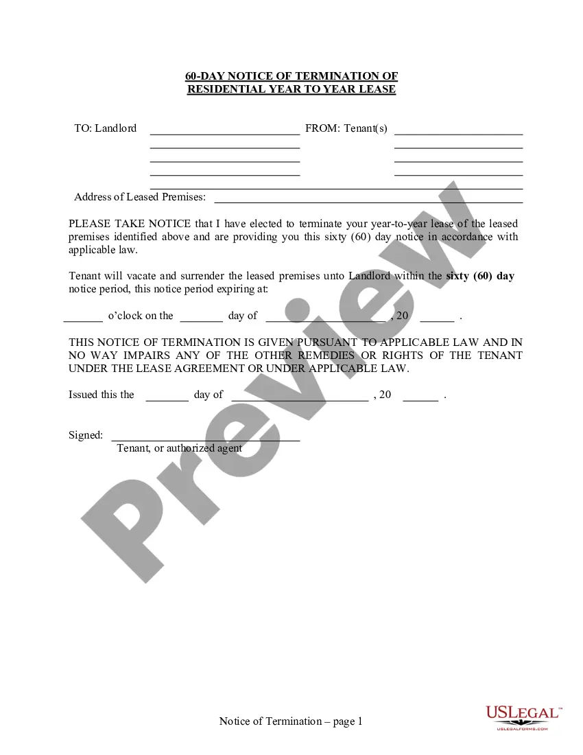 Virginia 60 Day Notice to Terminate Year-to-Year Lease - 60 Day ...