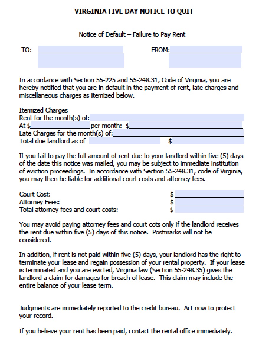 Free Virginia Five (5) Day Notice to Quit | Nonpayment of Rent ...