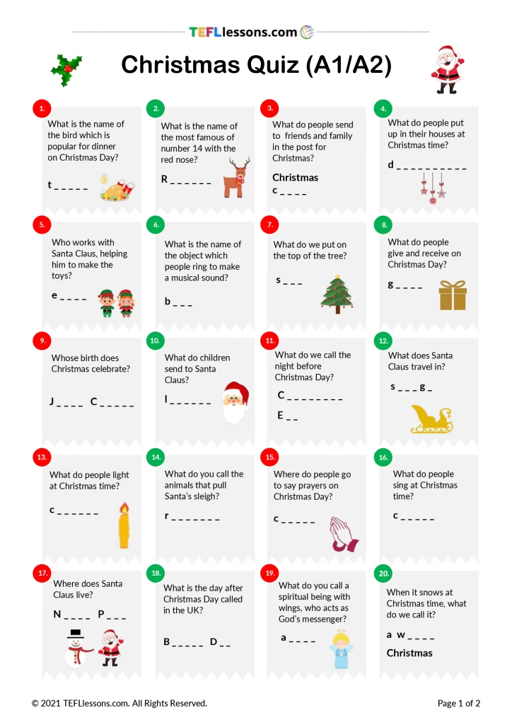 Christmas Quiz A1/A2 - TEFL Lessons - tefllessons.com | Free ESL ...