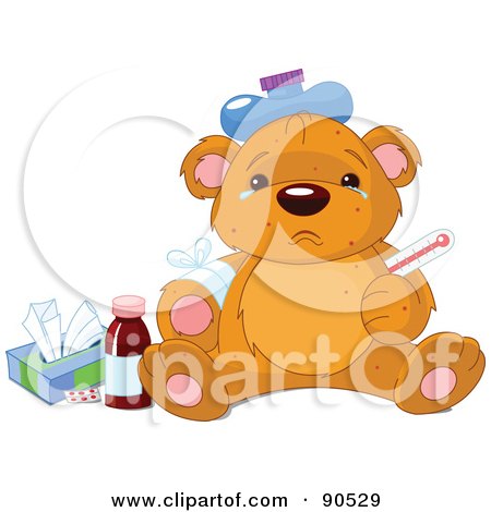 Sick Teddy Bear With Tears In His Eyes, An Ice Pack On His Head ...