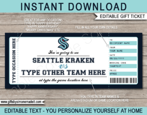 Seattle Kraken Game Ticket Gift Voucher Template | Printable ...
