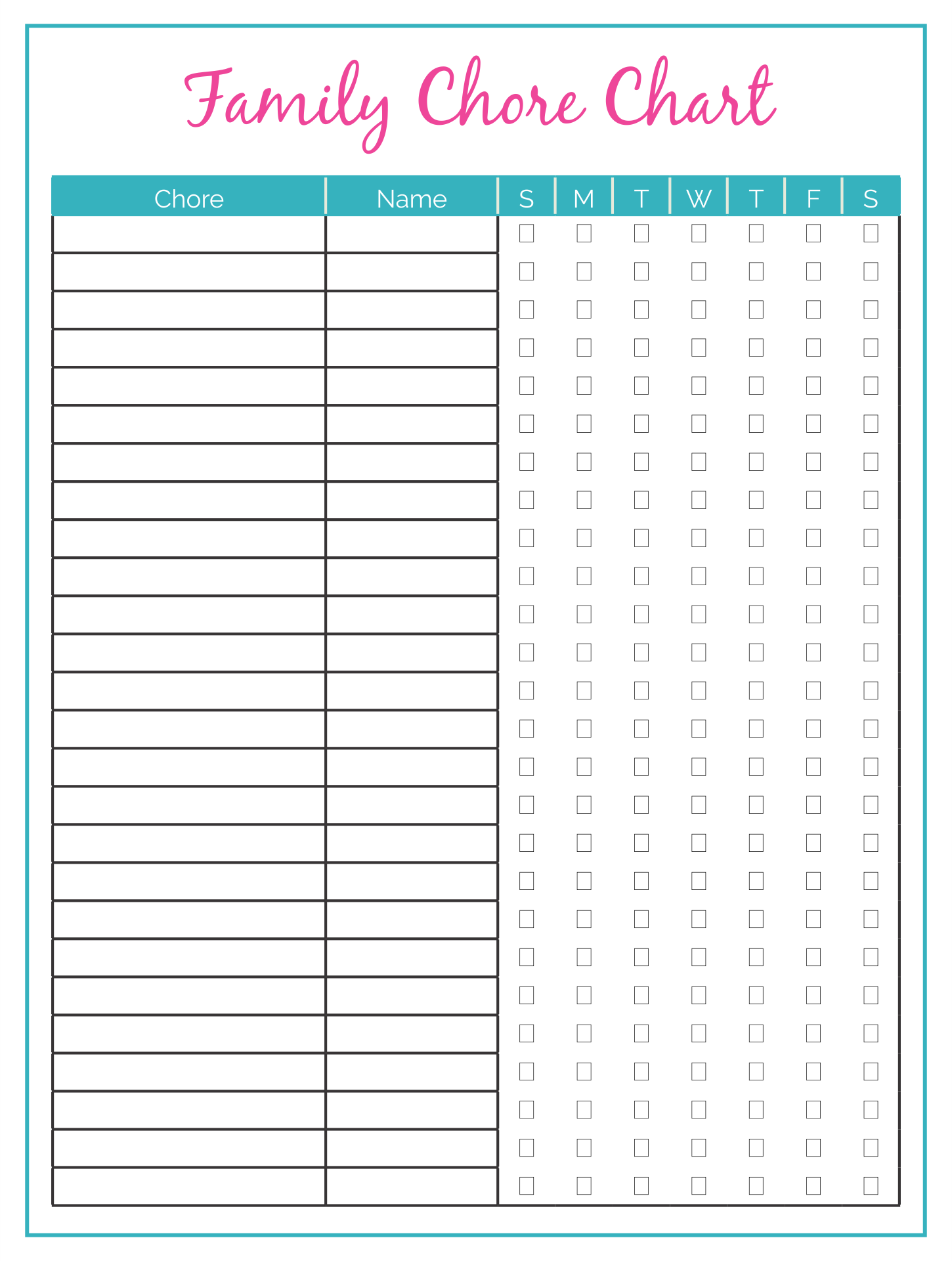 printable family chore chart template