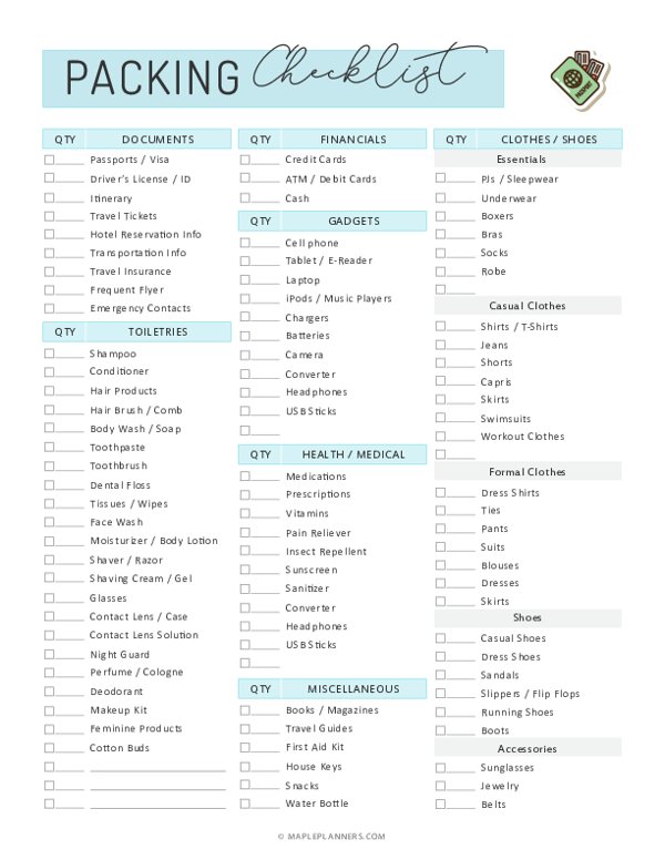printable family vacation packing list