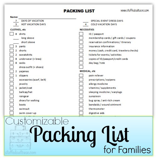 printable family vacation packing list