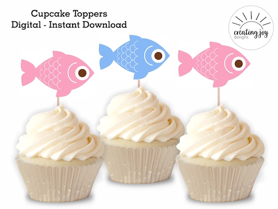 Fish Gender Reveal Cupcake Toppers Digital Printable Instant ...