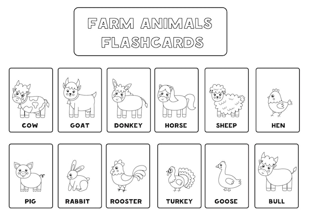 Premium Vector | Black and white farm animal flashcards for kids