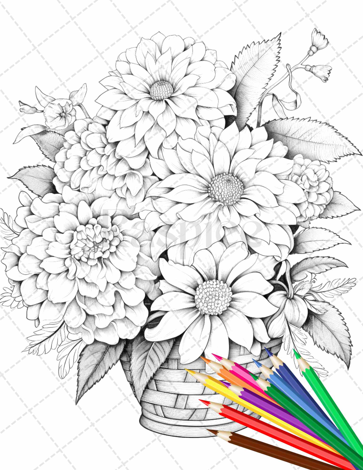 30 Flower Baskets Grayscale Coloring Pages for Adults, PDF File ...