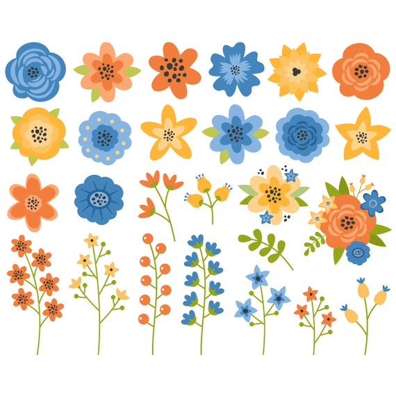 Floral Elements Clipart. Flowers, leaves, buds, spring flowers. Vector  flowers graphic. Digital images