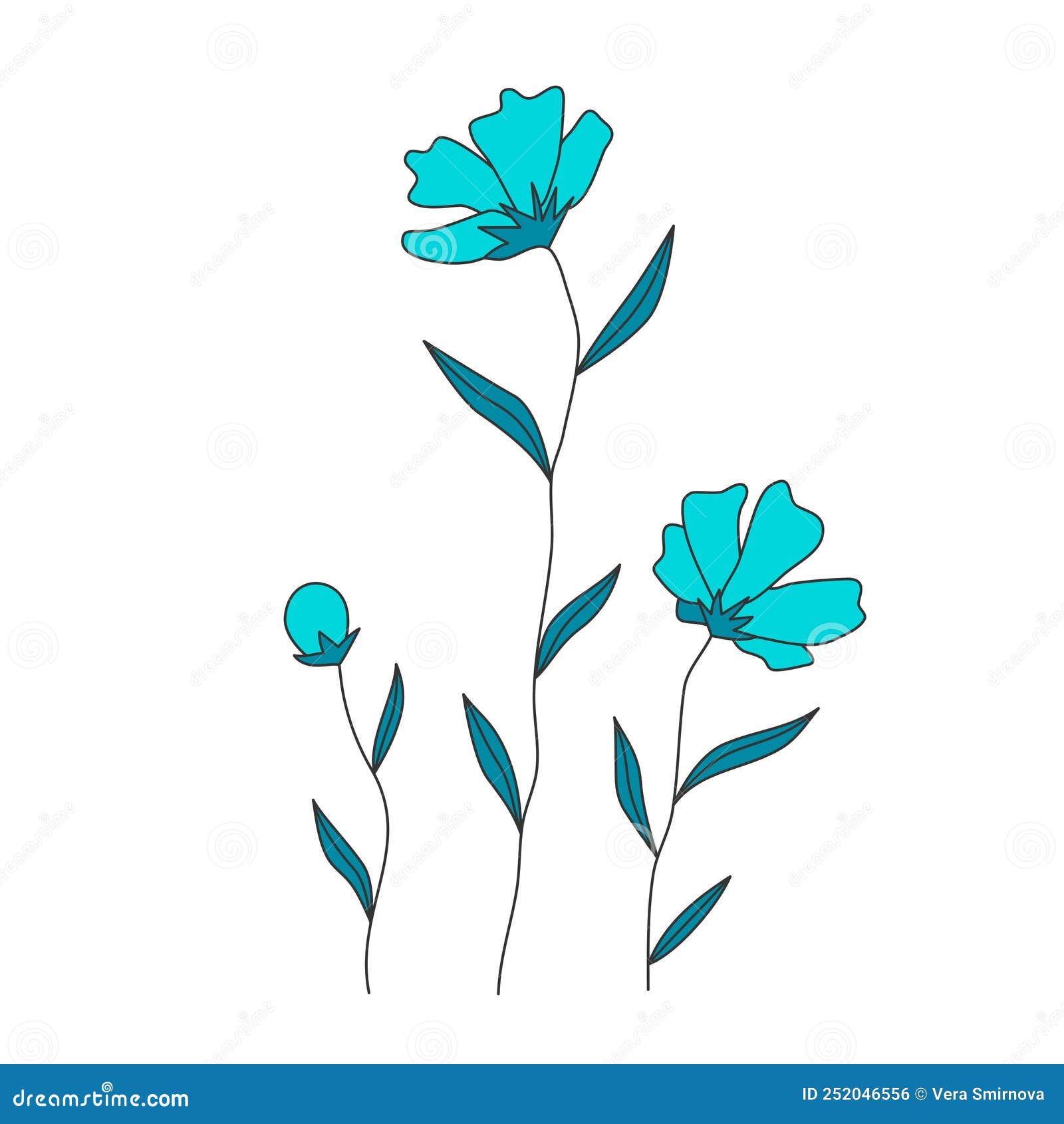 Wild Flowers and Leaves Design, Botanical Color Thin Line Doodle ...