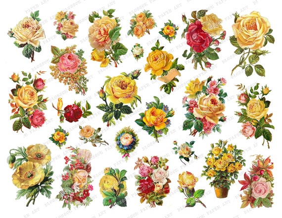 Yellow VINTAGE ROSES Collage Sheet, Printable Flowers for Stickers ...