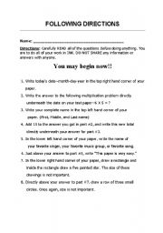 printable following directions worksheet