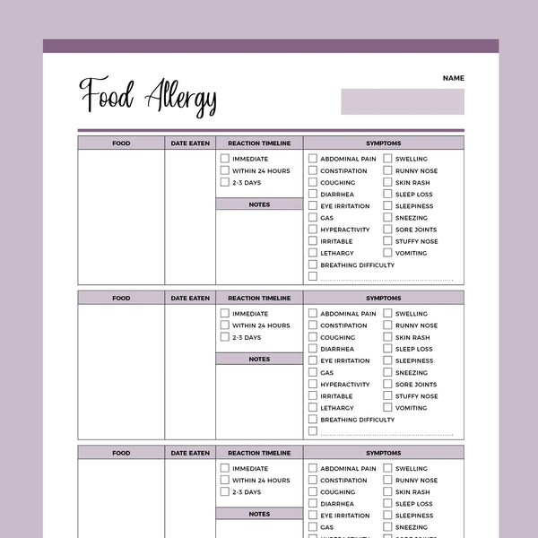 printable food allergy journal