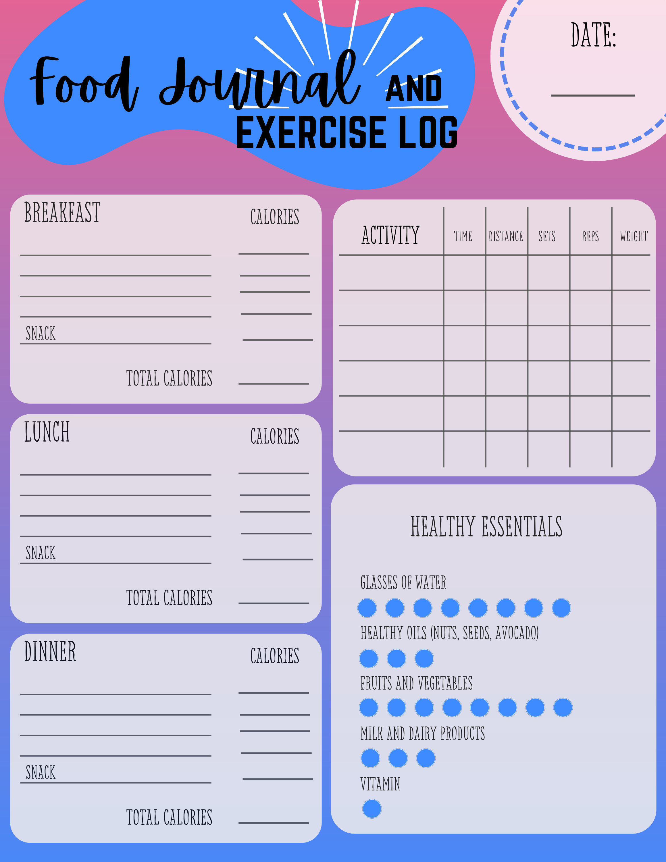 Printable Food Journal and Exercise Log  