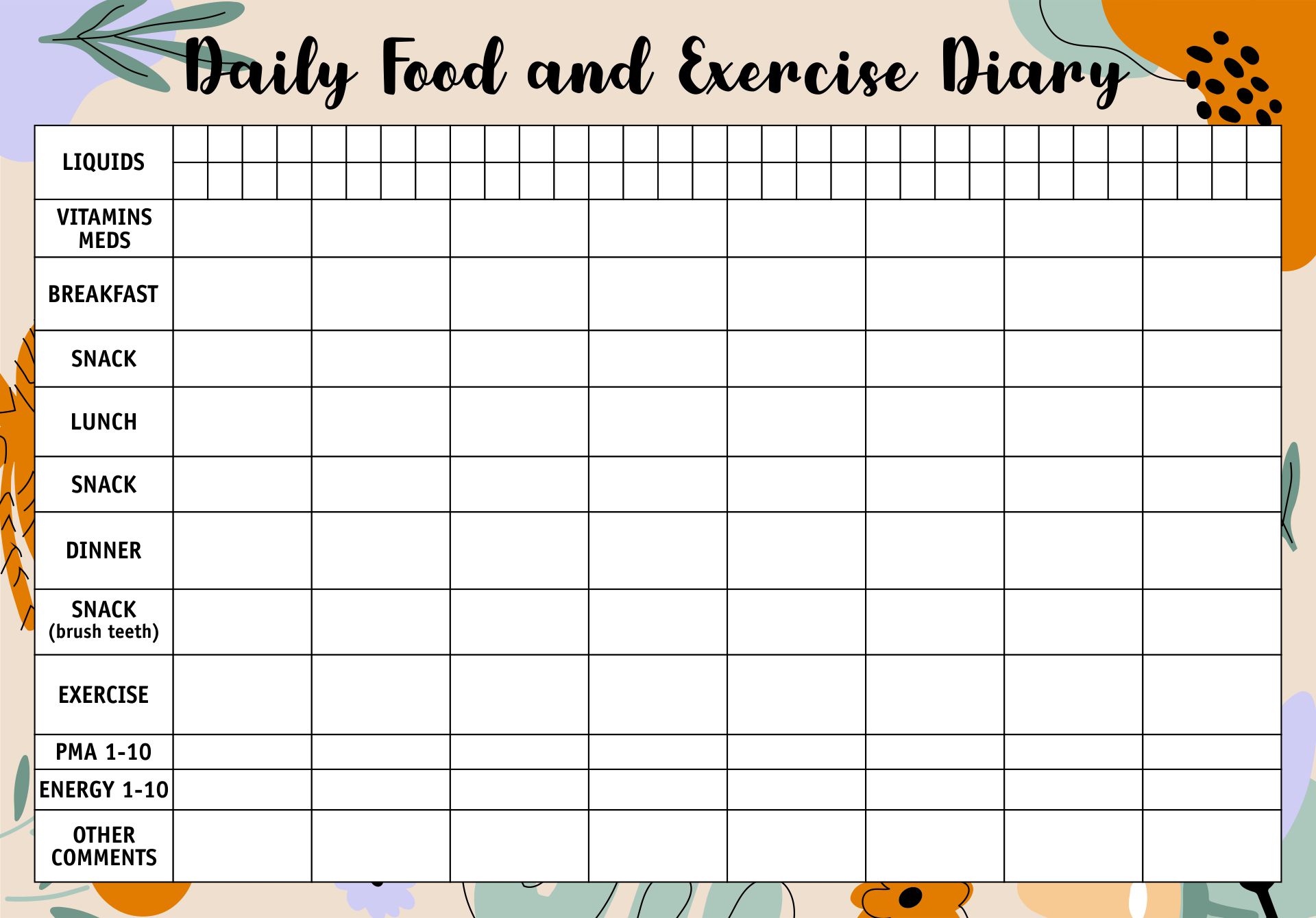 printable food diary and exercise log