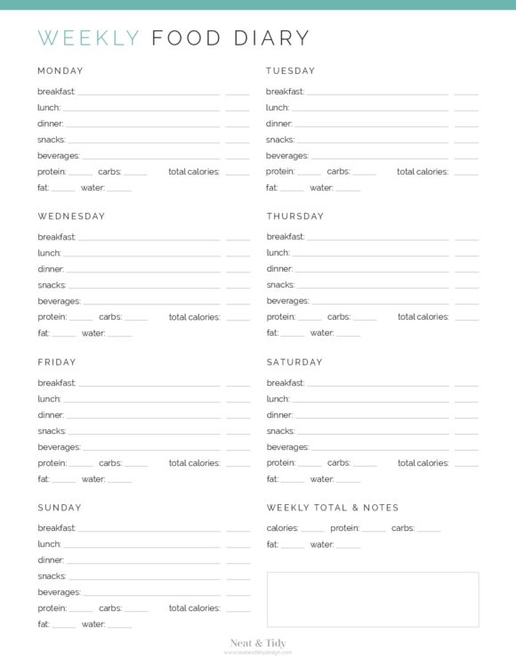 Weekly Food Diary - Neat and Tidy Design