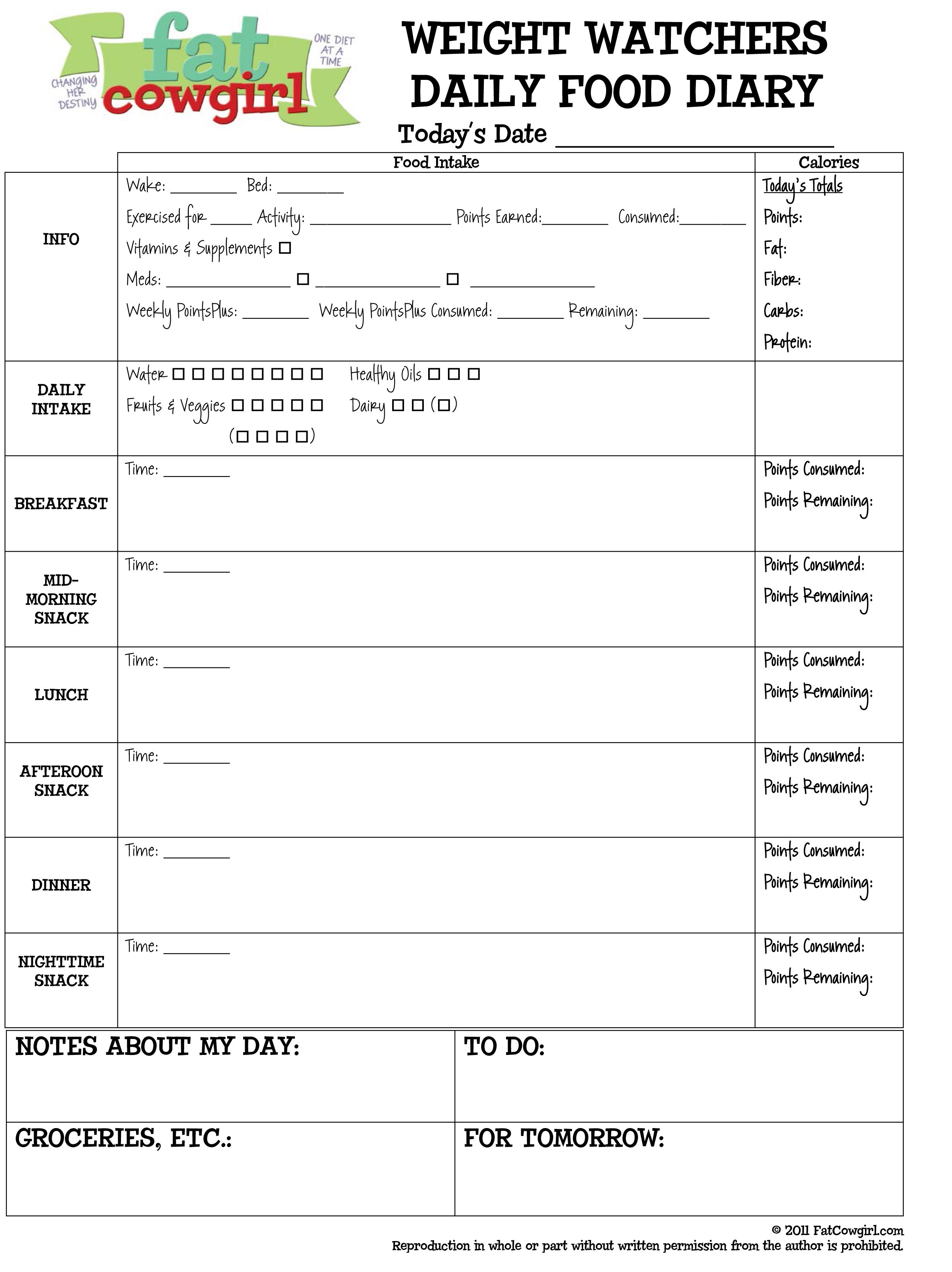 printable food journal for weight watchers