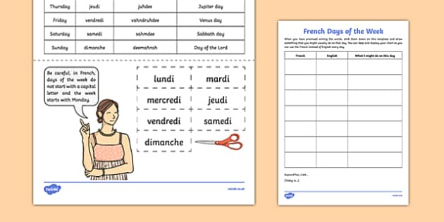 Printable French Worksheets - Days of the Week - Twinkl