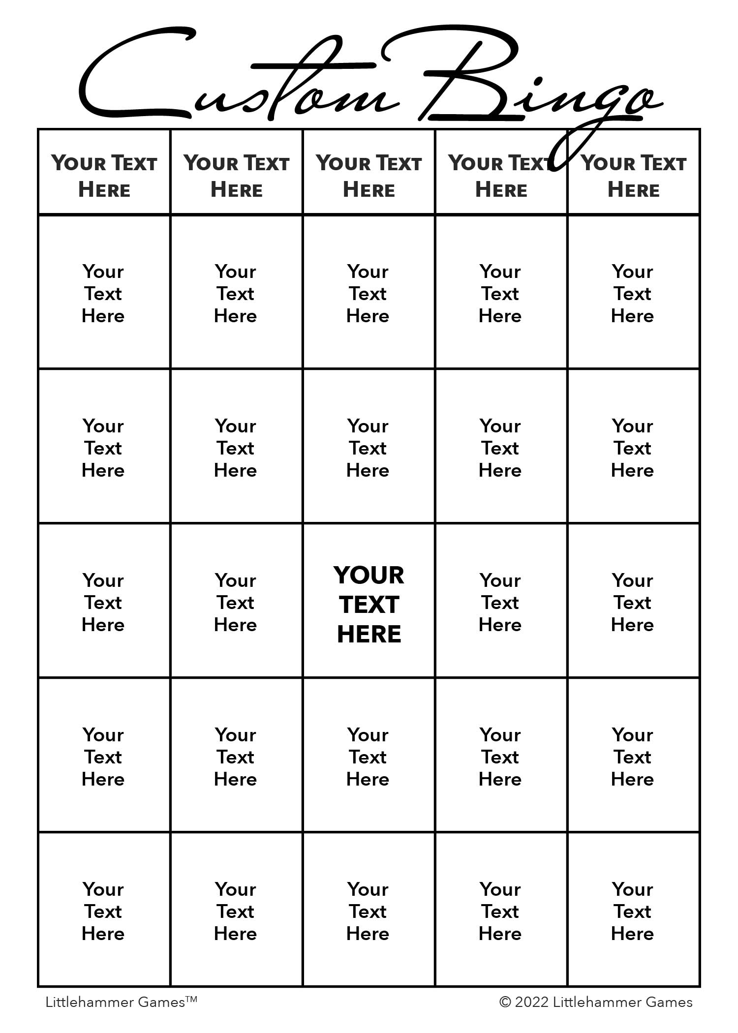 Custom Bingo Card - Black and White Printable Game Cards ...