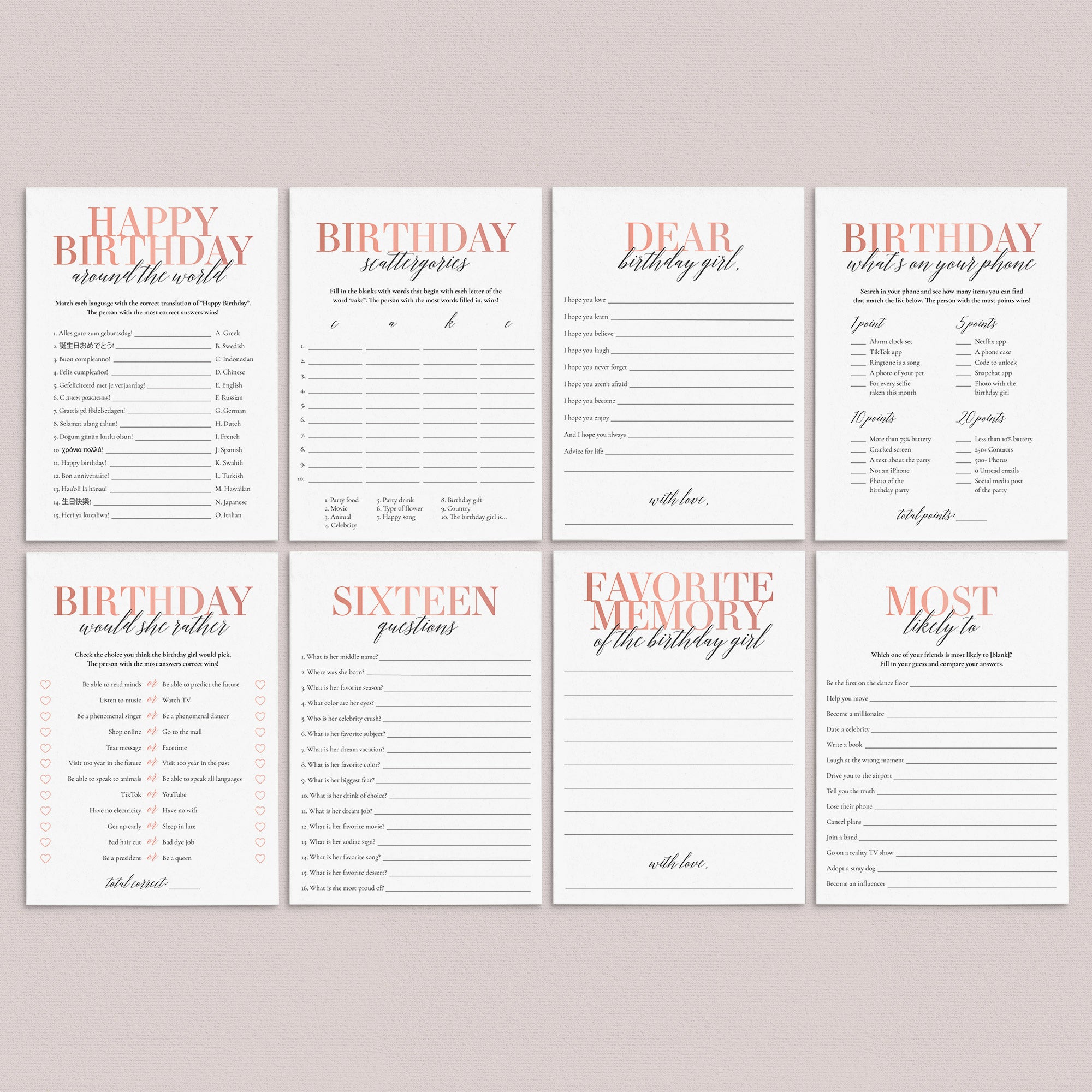 Sweet 16 Party Games Bundle Rose Gold Printable Worksheets Library