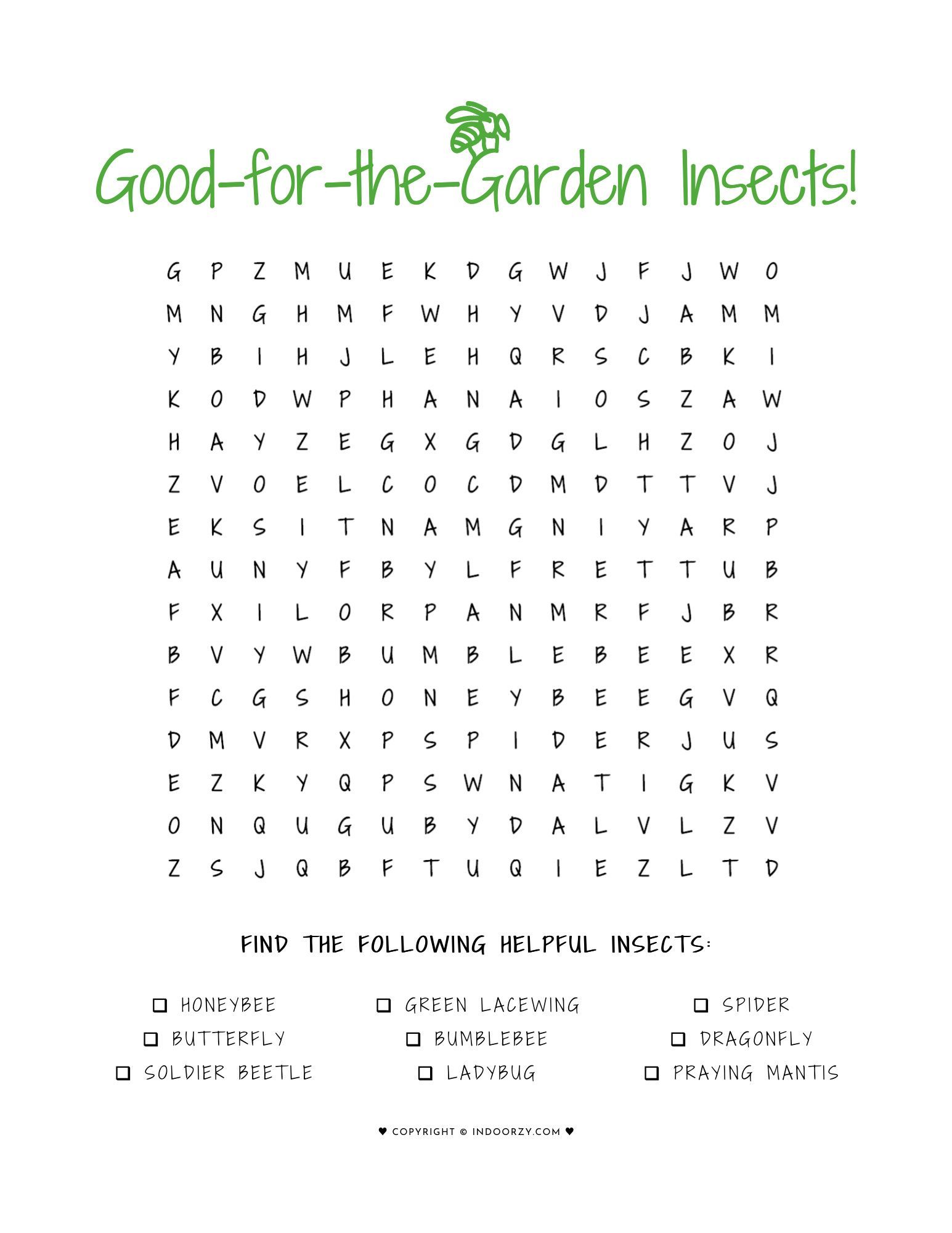 FREE Printable Good Garden Insects Word Search Puzzle for Kids or