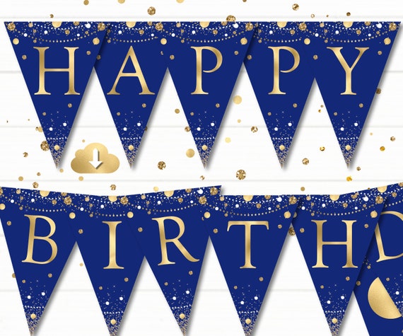 Happy Birthday Banner, Blue Gold Birthday Flags, Printable ...